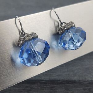 Handcrafted Blue Faceted Glass & Rhinestone Hanging Earrings